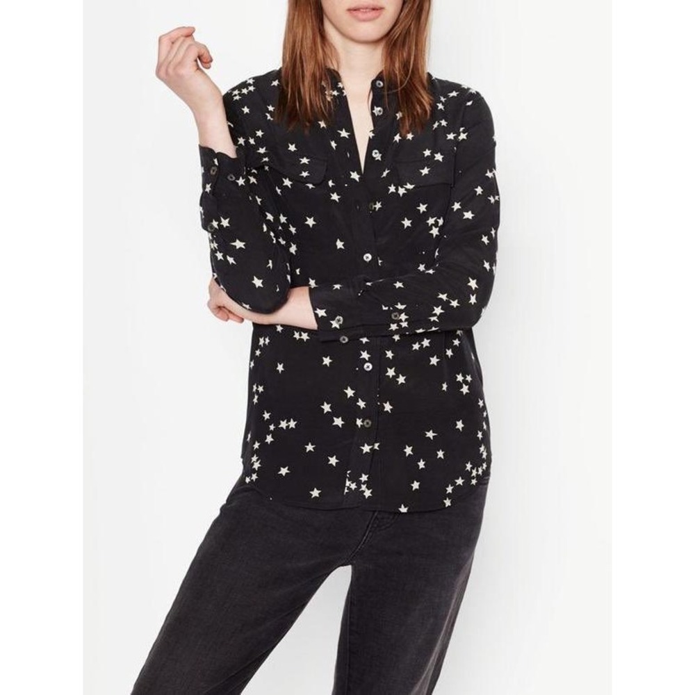 Equipment | Slim Signature Star Print 100% Silk Blouse Shirt Large Black